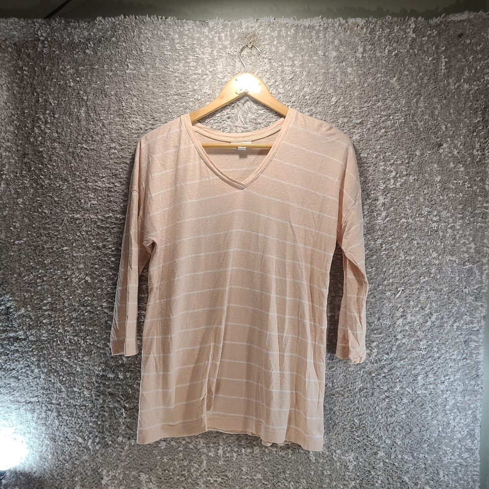 J JILL Pink White Striped Linen Blend Top Tee 3/4 sleeve V neck Medium